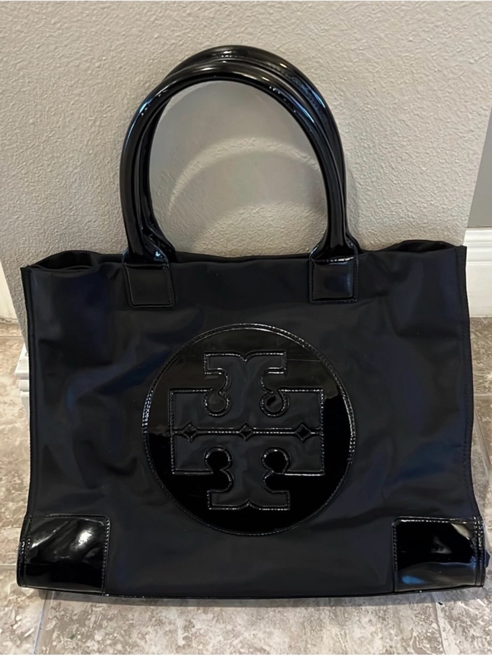 Tory Burch Black Nylon Tote with Patent Trim